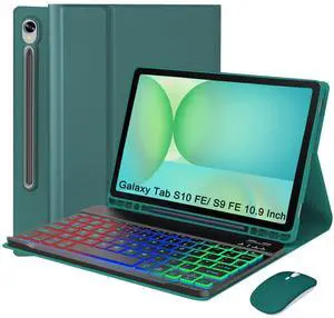 Keyboard Case for Samsung Galaxy Tab S10 FE 2025 /S9 FE 10.9 Inch/Galaxy Tab S9 11 Inch 2023, Mouse and Detachable Bluetooth Backlit Keyboard, Lightweight Folio Cover with Pen Holder (Green)