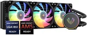Vetroo V360 Liquid CPU Cooler, 3X 120mm Addressable RGB Pump & PWM Fans, 360mm Radiator 290W TDP AIO Water Cooling w/Controller Hub for Intel LGA 1851/1700/1200 AMD AM5/AM4, for Gaming Console - Black
