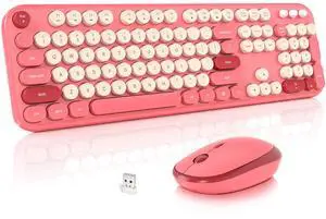 MOFII Wireless Keyboard and Mouse Combo, Cute Keyboard Full Size and Wireless Mouse, 2.4GHz Retro Typewriter Keyboard Wireless Mouse Set for PC/Desktop/Laptop/Windows (Hot Pink)