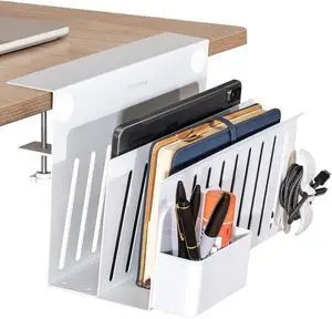 Volcora Side Storage Under Laptop Holder, No Drill Organizer With Magnetic Pen Box, Cable Clamp, Hanging Mount File Holder for Office and Home, 2 Tier White