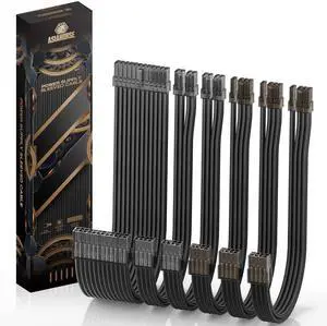AsiaHorse PSU Cable Extension Kit, 24Pin/4+4 EPS/6+2 PCI-E 16AWG Power Supply Sleeved Cable Kit with Transparent Connector for Two-Way CPU Performance, 6kit Pro Clear Series