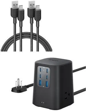 Anker USB C Charger Cable [2 Pack, 6ft], 310 Type C Charger Cable Fast Charging Charging Station (100W), 9-in-1 USB C Power Strip with 300J Surge Protection