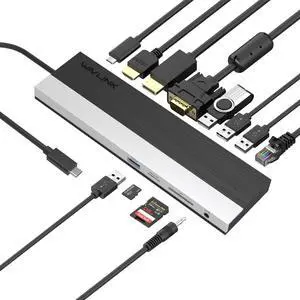 WAVLINK USB C Docking Station, 12-in-1 Triple Display Type C Adapter with HDMI, DisplayPort,VGA,Ethernet,2 USB 3.0/2.0,SD/TF Card Reader,3.5mm Audio Jack,100W PD3.0 for Mac Windows and More