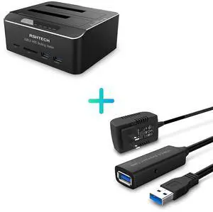 SATA Dual Bay Hard Drive Docking Station +USB 3.0 Active Extension Cable 32 Feet with 5V 2A Power Adapter