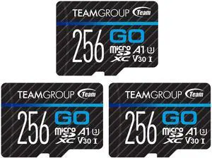 TEAMGROUP GO Card 256GB x 3 PACK Micro SDXC UHS-I U3 V30 4K for GoPro & Drone & Action Cameras High Speed Flash Memory Card with Adapter for Outdoor Sports, 4K Shooting, Nintendo-Switch TGUSDX256GU362