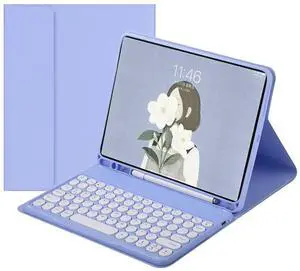 AnMengXinLing Galaxy Tab S10 Plus/S9 Plus/S9 FE Plus/S8 Plus/S7 Plus/S7 FE 12.4inch Tablet Case with Keyboard, Round Key Cute Candy Detachable Wireless Keyboard Case with S Pen Holder, Purple