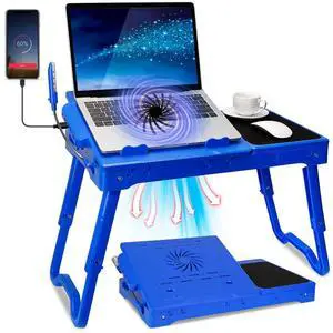 Laptop Desk for Bed,Laptop Bed Tray Table for Couch Sofa,Portable Adjustable Height Foldable Laptop Desk with Cooling Fan LED Light Mouse Pad 4 Port USB Hub(Blue)