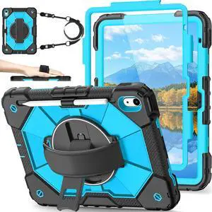 Nitupai Case for iPad 10th Generation 10.9 Inch 2022 / iPad A16 Case 11 Inch 2025 with Screen Protector 10th Gen Cover for Kids Pencil Holder 360° Rotating Stand Shoulder Strap, Black Blue