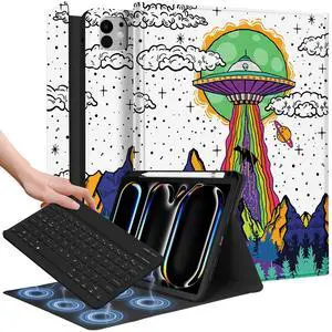 Wazzasoft for iPad Air 11 inch Case 2024, Air 5th/4th Generation 10.9, Pro 11'' Case with Keyboard Pencil Holder Folio Tablet Cover Men Boys Cute Cool Fun Funny Alien for iPad Air 11 2024 (M2), Pro 11