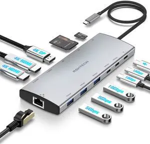 RSHTECH USB C Hub Docking Station Dual Monitor 12 in 1 Triple Display Multiport Adapter with 2 HDMI, 4K DP, 3 USB 3.2 10Gbps, 2 USB 3.0 Ports, 100W PD, Gigabit Ethernet, SD/TF for MacBook, Laptops