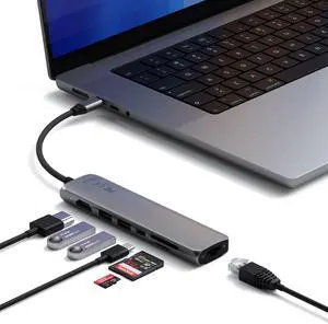Satechi 7 in 1 USB C Hub Multiport Adapter with 4K HDMI, 100W PD Charging, 2X USB-A Data Ports, Micro/SD Card Readers for MacBook, Windows - Space Gray