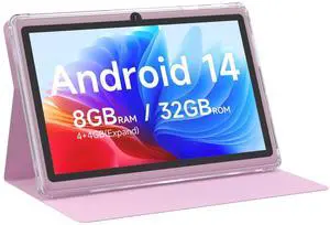Android 14 Tablet 7 inch Tablets with Case, 8GB RAM 32GB ROM 1TB Expand, Quad-Core Processor Tablet PC, 1024 x 600 IPS Screen, Dual Camera, 3000mAh Battery, Bluetooth, WiFi, GMS, Widevine L1, Pink