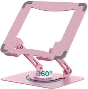 SOUNDANCE Laptop Stand with 360° Rotating Base, Ergonomic Computer Riser for Desk, Adjutable Height Muti-Angle, Foldable Laptop Mount, Stable Metal Holder Support 10-15.6" Notebook PC, Pink