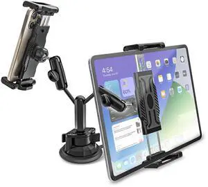 Kolasels Heavy Duty Dual Tablet Holder for Car/Truck [Metal Arm] Dashboard Windshield Double Mount for Vehicle Dash Suction Stand for iPad Pro/Air/iPhone, 5.5-15.6" Tablets Phone