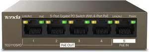 Tenda TEG1105PD, 5 Port Gigabit PoE Switch with 4 PoE Ports, Unmanaged Desktop Home Network Hub, Ethernet Splitter, PSE & PD Design, Sturdy Metal & Fanless, Limited Lifetime Protection