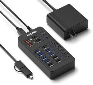 14-in-1 Powered USB Hub, USB Data Hub w LED Individual On/Off Switches for MacBook/PC/Steam Deck & External HDDs, 6 USB 3.0,3 USB 2.0,2 USB-A/C Charging,1 USB-C 3.0,1x PD 60W,1x Type-B for HDD Dock