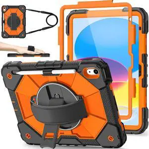 Nitupai Case for iPad 10th Generation 10.9 Inch 2022 / iPad A16 Case 11 Inch 2025 with Screen Protector 10th Gen Cover for Kids Pencil Holder 360° Rotating Stand Shoulder Strap, Black Orange