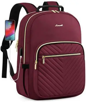 LOVEVOOK Laptop Backpack Purse for Women, Work Business Travel Computer Bags, College Nurse Backpack for Womens, Quilted Casual Daypack with USB Port, Fit 15.6 Inch Laptop, Wine Red