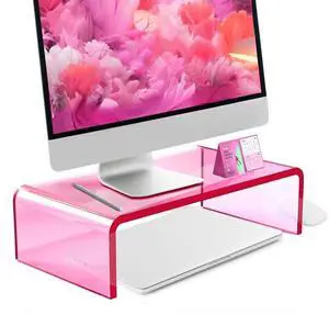 CalorMixs Ergonomic Acrylic Monitor Stand with Storage - Bright Pink Desktop Organizer for Back Pain Relief & Space Saving, Stylish & Modern Desktop Organizer(Home/Office Use)