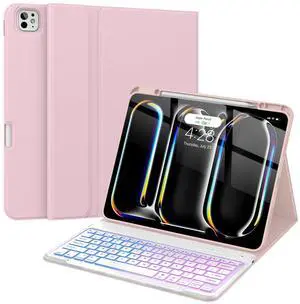 Supveco Keyboard Case for iPad Pro 13 Inch (M4) 2024 with Pencil Holder-Wireless Magnetic Detachable Keyboard with Backlit Keys,Slim Stand Case with Soft TPU Back Cover for New iPad Pro 13-Pink