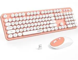 MOFII Wireless Keyboard and Mouse Combo, Computer Full Size 2.4G Plug and Play Wireless Typewriter Retro Round Keyboard and Mouse Set for Windows, Computer, Desktop, PC, Notebook - (Light Orange)