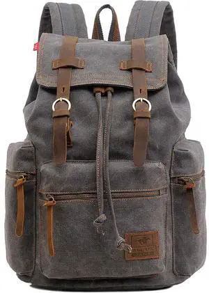 HuaChen Vintage Canvas Backpack with Leather Accents, Casual Daypack Travel Rucksack for Men Women,School College Hiking Camping M32-Gray