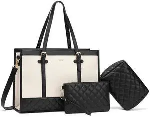 Keyli 3pcs Laptop Bag for Women,15.6 Inch Canvas+Leather Laptop Tote Bag Work Bags Large Capacity Business Computer Briefcase Casual College Shoulder Handbag Crossbody Purse for Travel Office Khaki