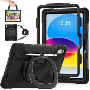 LX-SUNCX Case for iPad 11th Generation 11" (A16) 2025,iPad 10th Generation 10.9" 2022,Shockproof Cover for Kids with Screen Protector,Rotating Stand,Pencil Holder,Shoulder Strap (Black)