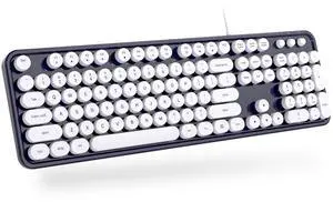 MOWUX Computer Keyboard Wired, Plug Play USB Retro Round Typewriter Keyboard, Full Size Wired Keyboard with Foldable Stands for Laptop and Office PC