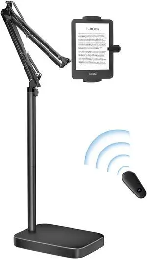 VOLTIFYMAX Kindle Floor Stand with Remote Page Turner, Tablet Stand with 11lb Stable Base, Adjustable Height Tablet Holder Mount, Compatible Kindles Tablets iPhones 4.7-12.9 inch