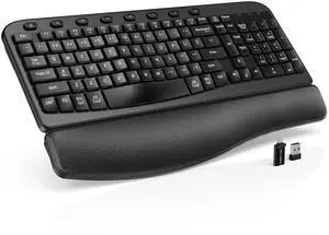 SABLUTE Wireless Keyboard, 2.4GHz USB Computer Key Board with Cushioned Wrist Rest, Ergonomic Wave Keyboards for Windows, Mac, Chrome, PC, Laptop, Black Full Size - Teclado Inalámbrico