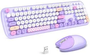 Retro Wireless Keyboard and Mouse Combo, SQMD 2.4G Typewriter Keyboard with Round Colorful Keycaps, Full-Size Office Keyboard and Quiet Mouse for Windows PC, Home, Office, and College - Purple