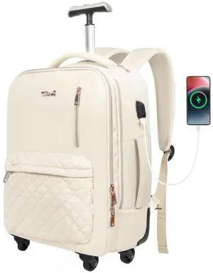 Tilami Rolling Backpack for Women, Carry on Laptop Backpacks with Wheels, 40L Roller Backpack for Travel,Cream