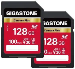 GIGASTONE 128GB 2-Pack SD Card, Camera Plus, UHS-I U3 Class 10 SDXC Memory Card Full HD Video for Canon Nikon Sony Panasonic Digital Camera, Full-Sized SD card, with 2 mini case
