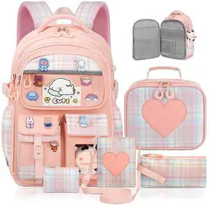 LEWKANA Cute Backpack for Girls, 5 Pack Kawaii Backpack Aesthetic Backpack with Lunch Box Set, Girls Pink School Bookbag for Kids Teen Elementary