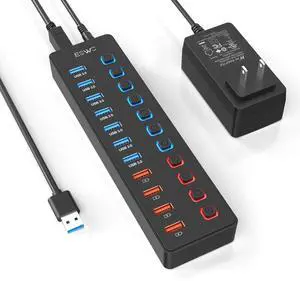 JESWO 11-Port USB 3.0 Splitter (7 Data Transfer Ports + 4 Smart Charging Ports), Powered USB Hub with Individual LED On/Off Switches and 12V/3A Power Adapter