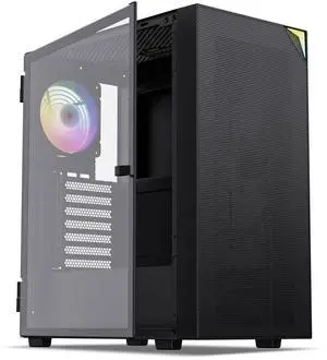Vetroo AL800 Mid Tower ATX PC Computer Case - Door Opening Design Tempered Glass, Adjustable LED Strip, Pre-Installed ARGB & PWM FDB Fan in Rear, Support for 50 Series GPUs - Black