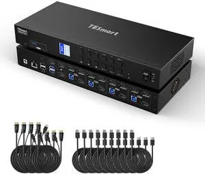 TESmart USB 3.0 KVM Switch 3 Monitors 4 Computers 4K@60Hz, HDMI+DP KVM Docking Station, EDID Emulators, 1G Ethernet, Hotkey Switch, 2K@144Hz for Gaming & Home Office, Audio & Mic with All Input Cables