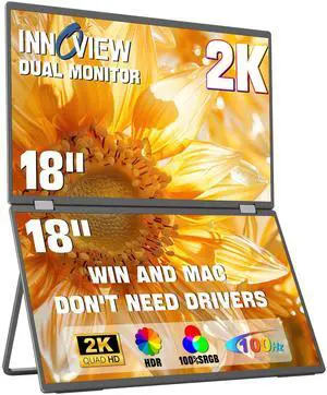 InnoView 18" 2K 100Hz Portable Monitor 100% DCI-P3 Portable Dual Monitor for Laptop 315°Adjustable Screen Extender for Windows Mac with Type-C HDMI DP Foldable Monitors Portatil(No Driver Needed)