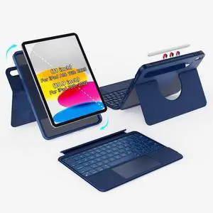 accrosoo iPad A16 11th/10th Gen Rotatable Detachable Magnetic Keyboard Case with Larger-Touch Trackpad, Shockproof Bumper, Support Portrait, Magnetic Pencil Holder, Full Protect, 7 Backlights, Blue