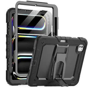 Timecity Case for iPad Pro 11 Inch 2024 (M4) 5th Generation (A2836, A2837, A3006): With Screen Protector, Foldable Stand, Heavy Duty Rugged Shockproof Protection - Black