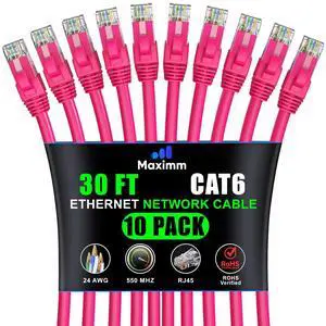 Maximm Cat 6 Ethernet Cable 30 ft (10-Pack) - High-Speed LAN Cable, Internet Cable, Patch Cable, and Network Cable - UTP, 10Gbps, 550MHz Ethernet Cord - Pink