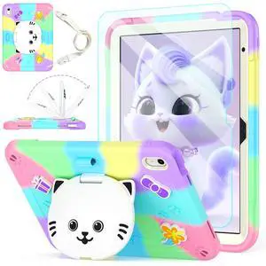 TOMORRY Case for iPad (A16) 11th 2025 /10th Generation 10.9 Inch 2022 with Tempered Glass Screen Protector,Cat Stand&Pencil Holder Shoulder Strap,Shockproof for iPad Case 10th Gen kids Girls-Colourful