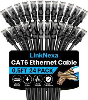 LinkNexa Cat 6 Ethernet Cable 0.5ft(24 Pack), High Speed 10Gbps Network Cable, UTP 24AWG Flexible RJ45 LAN Internet Cable for Computer, Router, Modem, PS4/5, Xbox, Gaming, Black