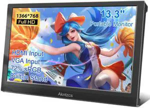 Akntzcs Portable Monitor 13.3 Inch HD 1366 * 768 External Laptop Monitor HDMI Travel Monitor for Computer/PS3/PC/Switch, Built-in Speakers & Kickstand