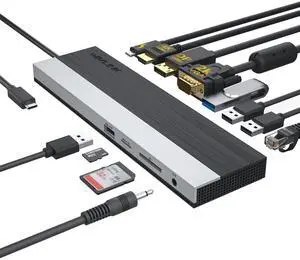 WAVLINK 12-in-1 USB C Docking Station, Triple Display Type C Hub Multiport Adapter with HDMI, DisplayPort, VGA, Ethernet, USB-C 100W PD3.0 Charging, USB3.0, USB2.0, SD/TF Card Reader, Audio- UMD03