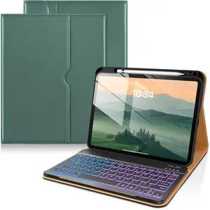 DTTO for iPad 11th (A16,2025)/ 10th Generation (10.9",2022) Case with Keyboard, 7 Colors Backlit Wireless Detachable Keyboard Premium Leather Folio Cover with Pencil Holder & Pocket, Midnight Green