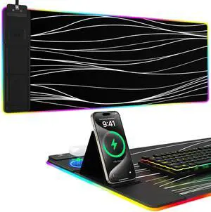Mouse Pad with Phone Holder, Wireless Charging Desk Mat, RGB Gaming Mousepad Home Office Large Desk Pad with Ultra-Smooth Surface, Non-Slip Base, Waterproof Keyboard Pad,Wavy Black