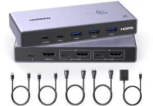 UGREEN 8K HDMI KVM Switch with 4 USB 3.0 Ports (3 USB-A + 1 USB-C) for 2 Computers Share 1 Monitor Keyboard Mouse Hard Drives Printer with 2 HDMI Cables, 2 USB Cables and Controller
