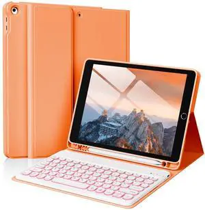 SZPSGC Case for iPad 9th/8th/7th Generation with Keyboard 10.2 Inch 2021/2020/2019, 7 Colors Backlit Detachable Keyboard, Soft TPU Back Folio Stand Cover with Pencil Slots, Orange